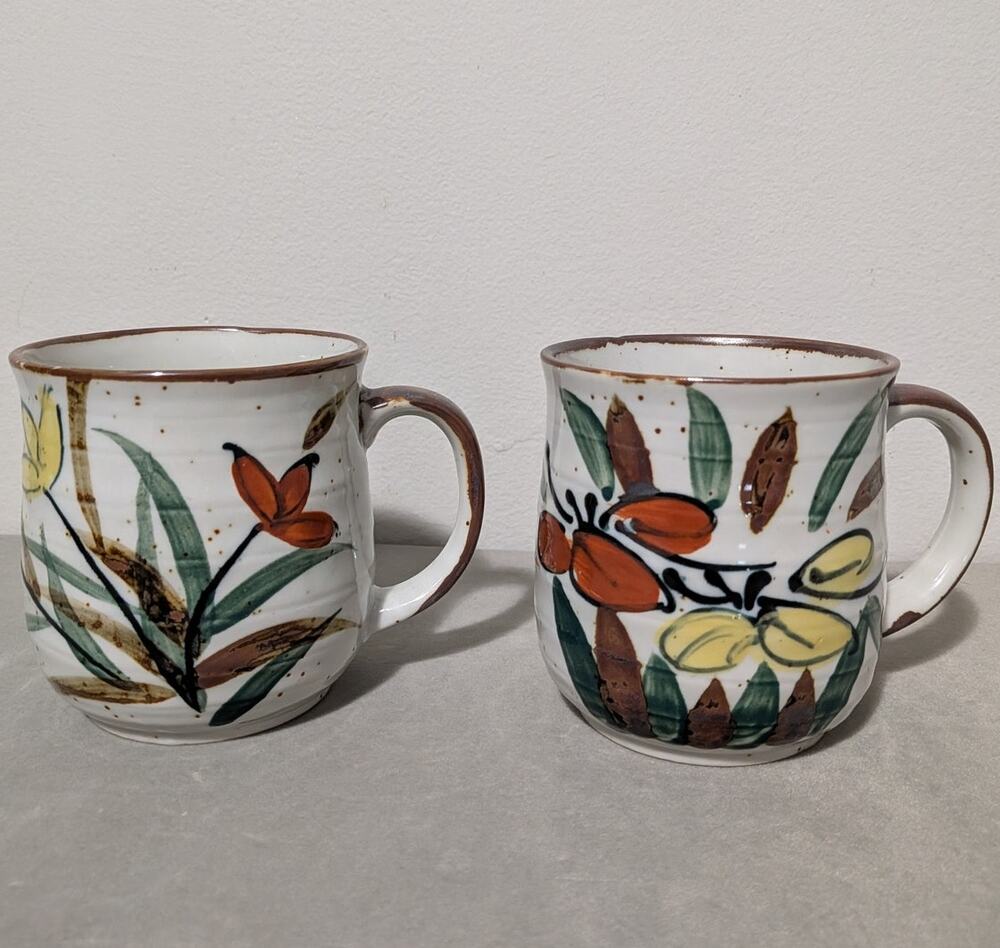 Vintage 70s Japanese Speckled Stoneware Mugs Set of 2 Hand Painted Floral Boho